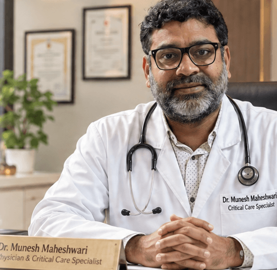 Dr. Munesh Maheshwari at his clinic desk
